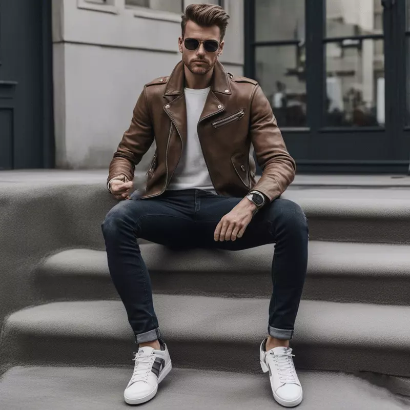 braune-lederjacke-jeans-sneaker-herrenmode-look-outfit